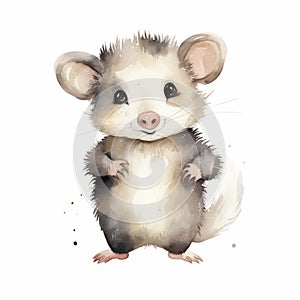 Cute Opossum Watercolor Illustration On White Background