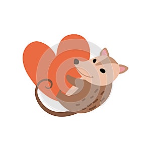 Cute Opossum Holding Big Red Heart, Adorable Wild Animal Cartoon Character Vector Illustration