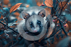 Cute Opossum Peeking Through Autumn Leaves in a Mystical Forest Wildlife in Natural Habitat Concept