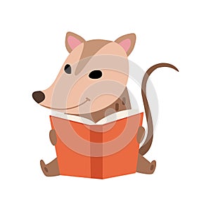 Cute Opossum Sitting and Reading Book, Adorable Wild Animal Cartoon Character Vector Illustration