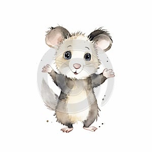 Cute Opossum Watercolor Illustration On White Background