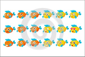 Cute Orange Aquarium Fish Cartoon Character Set Of Different Facial Expressions And Emotions