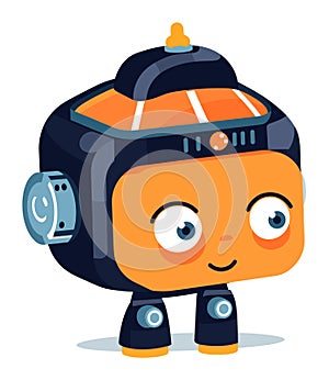 Cute orange and black robot character with a friendly face. Adorable robotic toy with big eyes vector illustration