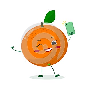 Cute Orange cartoon character with a smartphone and does selfie.