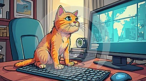 Cute Orange Cat at Computer Desk