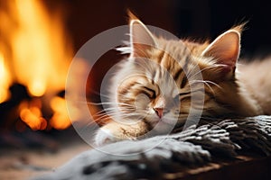 A cute orange cat is sleeping near the fireplace ai created