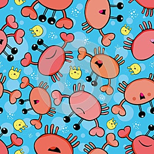 Cute orange crab and yellow jellyfish with random bubbles. Seamless vector pattern on blue background with transparent