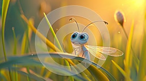 Cute orange firefly on green grass at sunset. 3d rendering.