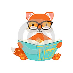 Cute orange fox character sitting and reading a book, funny cartoon forest animal posing vector Illustration