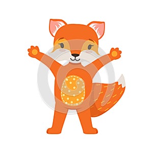 Cute orange fox character standing with hands up, funny cartoon forest animal posing vector Illustration