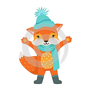 Cute orange fox character wearing in a light blue knitted hat and scarf, funny cartoon forest animal posing with hands