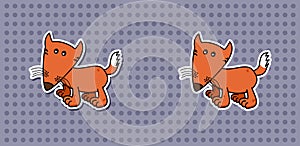 A cute orange fox sticker on a purple dot background - vector
