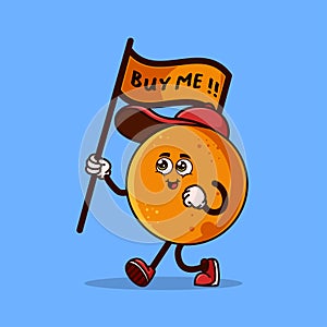 Cute Orange fruit character with carrying a flag that says buy me . Fruit character icon concept isolated. Emoji Sticker. flat