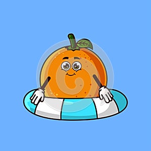 Cute Orange fruit character with swim ring float. Fruit summer icon concept isolated. flat cartoon style Premium Vector