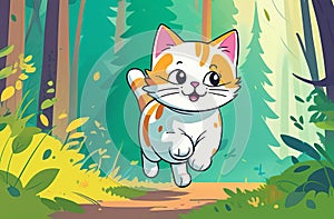 Cute orange kitten bounds happily along a forest trail, surrounded by colorful foliage