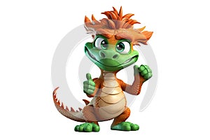 cute orange little dragon dinosaur points finger at copy space on white isolated background. Cartoon character