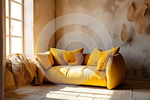 Cute orange loveseat sofa in empty room. Interior design of modern minimalist living room. Created with generative AI