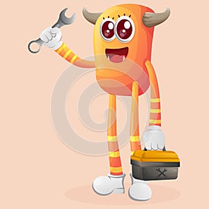 Cute orange monster holding spanner and tolls box