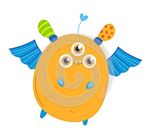 Cute orange monster with three eyes, blue wings, and whimsical antennae. Childish creature for kids animation or