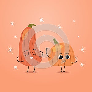 Cute orange pumpkin charcters couple funny cartoon mascot vegetable personages healthy food concept