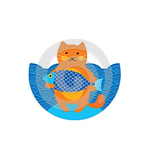 Cute orange red cat, fisher with big fish, blue sea, kitty character cartoon isolated vector illustration, greeting card