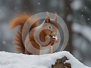 Cute orange red squirrel eats a nut in winter scene with snow, Czech republic.