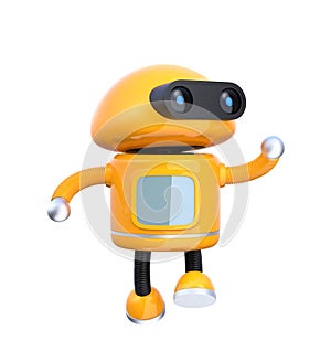 Cute orange robot dancing on white background