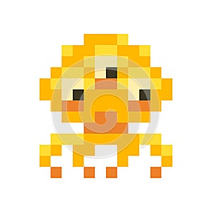Cute orange space invader monster, game enemy in pixel art style on white photo