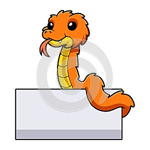 Cute orange spiny bush viper cartoon with blank sign