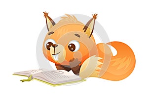 Cute Orange Squirrel Reading Book in Hard Cover Enjoying Interesting Story Vector Illustration