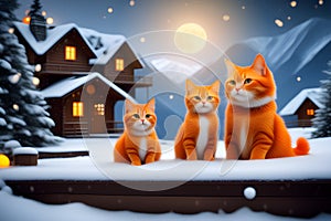 Cute orange tabby cat in the snow on Christmas Day. Fantasy cartoon