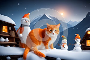 Cute orange tabby cat and snowman on Christmas day. Fantasy cartoon