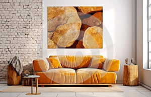 Cute orange velvet loveseat sofa in room with brick wall. Interior design of modern scandinavian living room. Created with photo