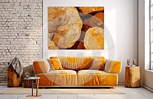 Cute orange velvet loveseat sofa in room with brick wall. Interior design of modern scandinavian living room. Created with