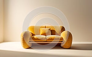 Cute orange velvet loveseat sofa or snuggle chair in empty room. Interior design of modern minimalist living room. Created with photo