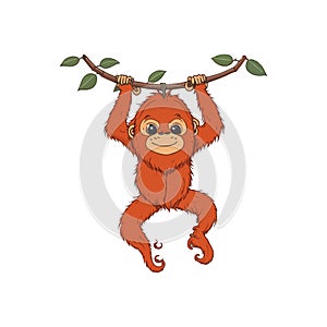 Cute orangutan cartoon hanging on a tree branch