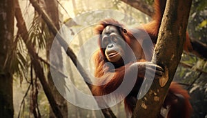 Cute orangutan sitting on branch in tropical forest generated by AI