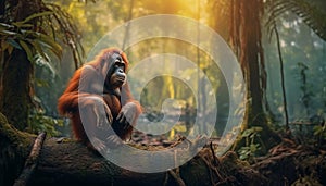 Cute orangutan sitting on tree branch in forest generated by AI