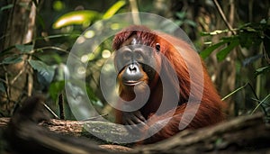 Cute orangutan sitting on a tree, looking at the camera generated by AI