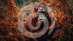 Cute orangutan sitting on tree in tropical rainforest generated by AI