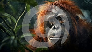 Cute orangutan sitting in tropical rainforest, looking at camera generated by AI