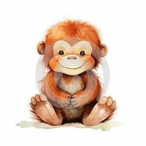 Cute Orangutan Watercolor Illustration With Happy Expression