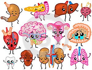 Cute organs. Happy human, Set of smiling characters. Vector pins, cartoon kawaii icons. Healthy heart, stomach, liver