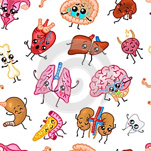 Cute organs Seamless pattern. Happy human, Set of smiling character. Cartoon kawaii icon. Healthy heart, stomach, liver