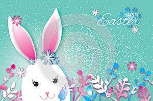 Cute Origami Funny Bunny, Flowers. Happy Easter Greeting card. Space for text.