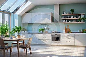 Cute and original decorated modern kitchen in Scandinavian style, with beautiful wooden furniture in natural tones and
