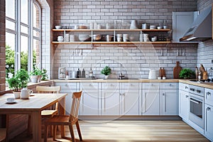 Cute and original modern Scandinavian-style kitchen. Beautiful wooden furniture in natural colors, pots with live green