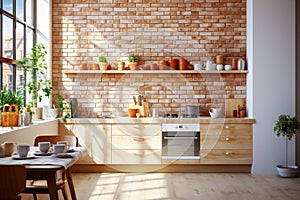 Cute and original modern Scandinavian-style kitchen. Beautiful wooden furniture in natural colors, the walls are