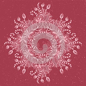 Cute ornamental illustration with floral doodle and threadbare background.
