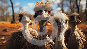 Cute ostrich chick stares, curious, in nature blue grass generated by AI
